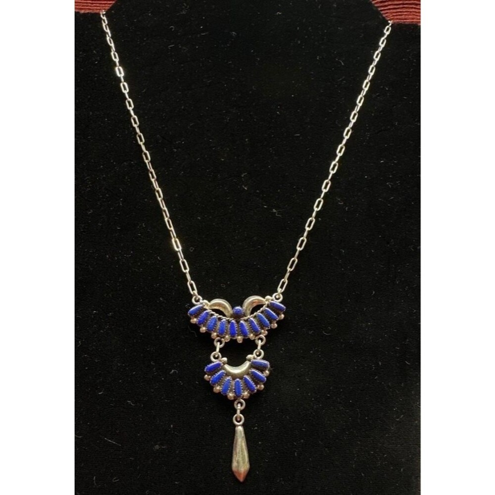 Zuni Lapis Petit Point Necklace Sterling Silver NA Vintage Signed Bill & Lou